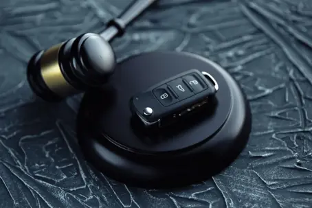Car keys on a judge's block with a gavel nearby